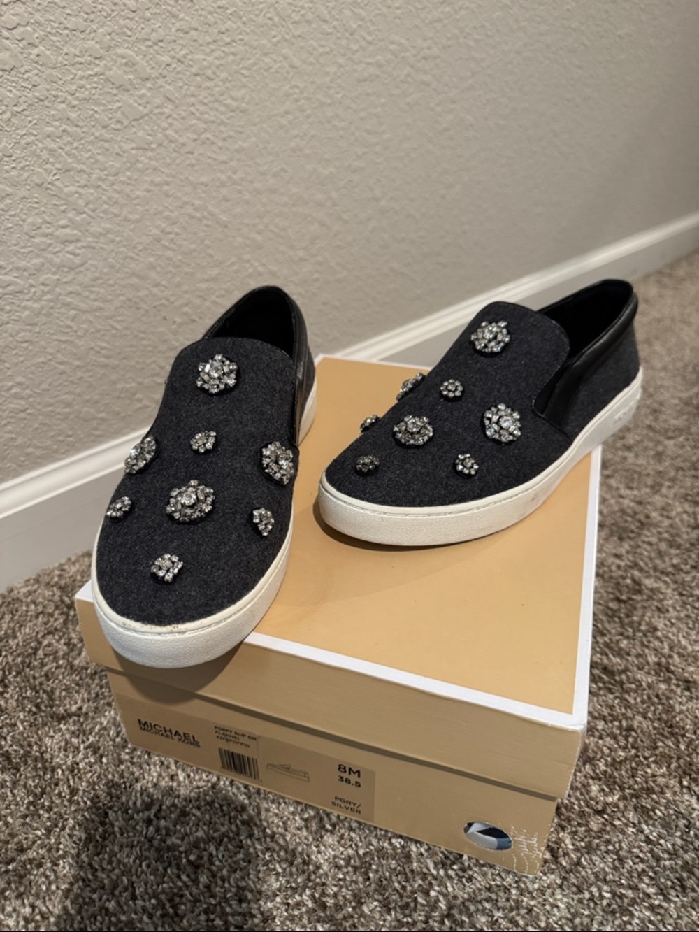 MICHAEL Michael Kors Black Embellished poppy Slip-On Mules with White Sole 8.5